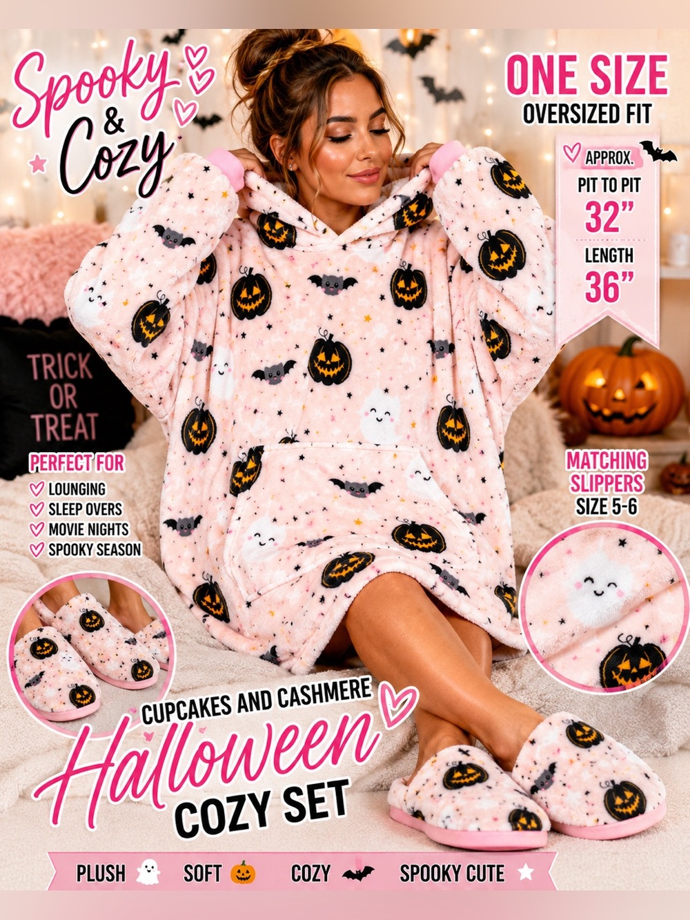 Cupcakes and Cashmere Halloween Plush Oversized Hoodie + Slippers One Size